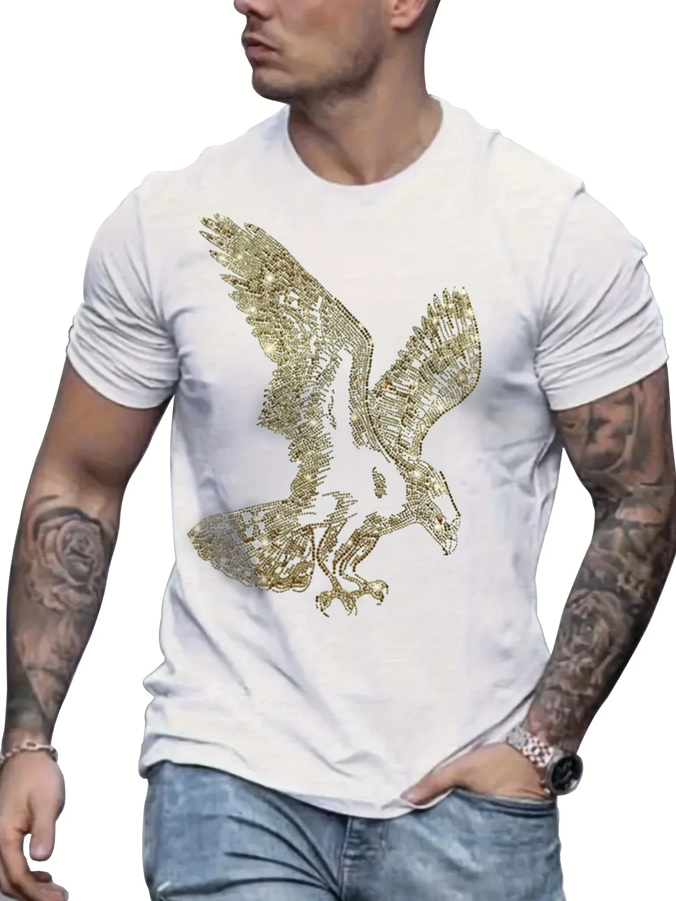 Eagle Pattern Diamond Decor T-Shirt for Men and Women
