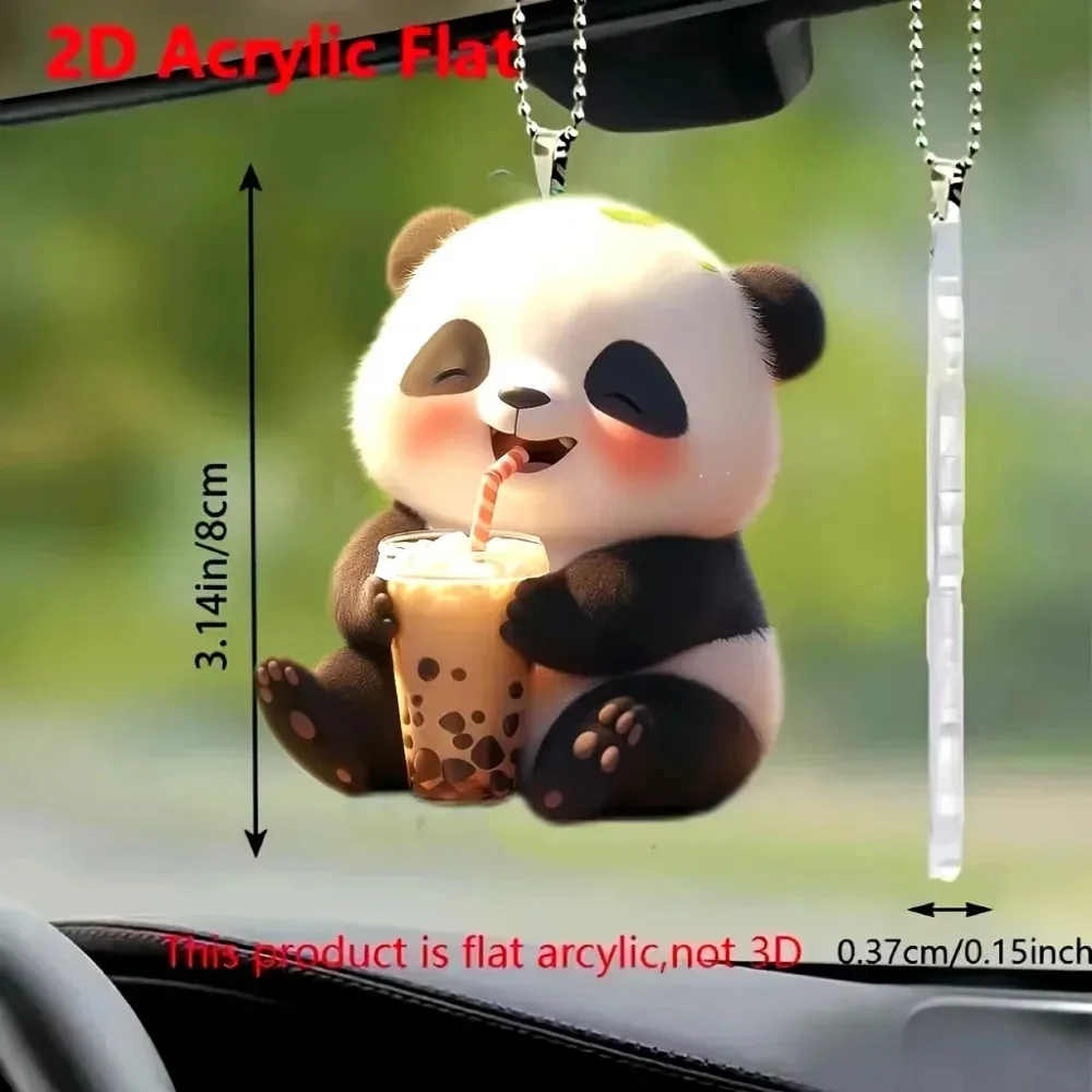 2D Flat Acrylic Panda Drinking Pearl Tea Keychain, Cartoon Animal Hanging Pendant for Car Mirror Backpack Festive Decoration