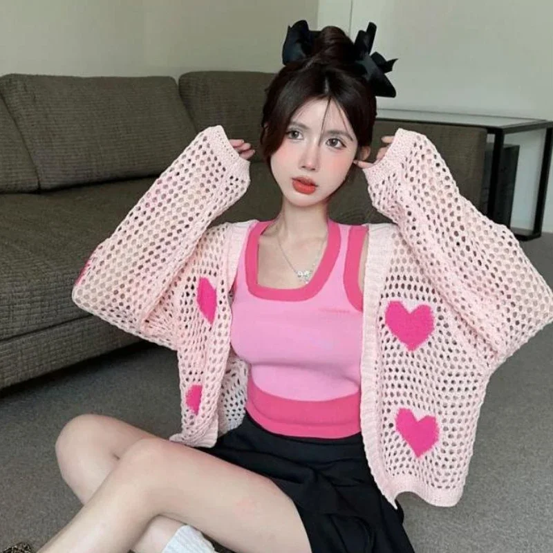 

Женские кардиганы с розовым сердечком и вставками в консервативном стиле, свободные, уютные, универсальные, тонкие, солнцезащитные, модные, в корейском стиле, девичьи