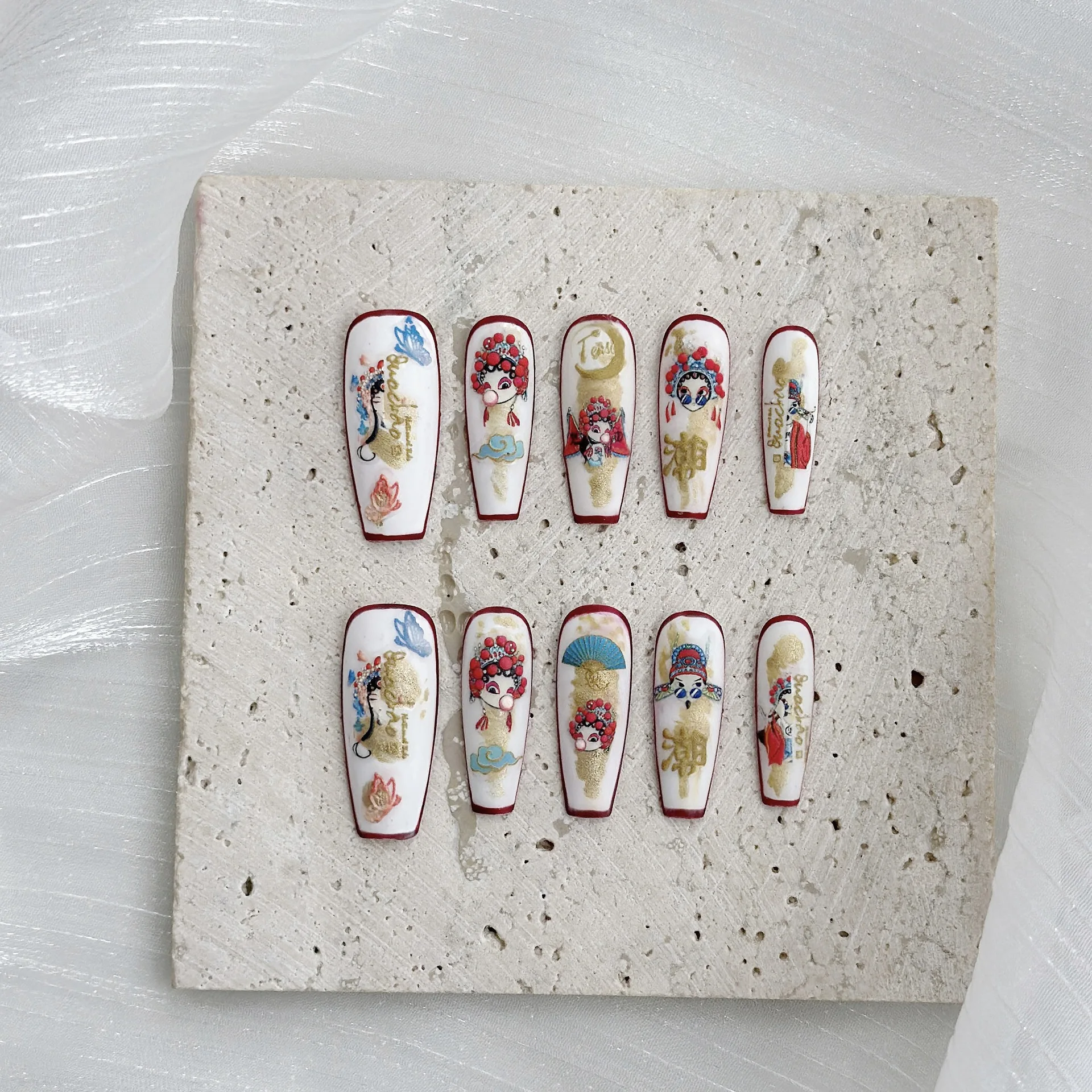 

10PCS Handmade Press on Nails Chinese Peking OPera Red Trim Long Coffin Fake Nails Removable Reusable False Nails for Women
