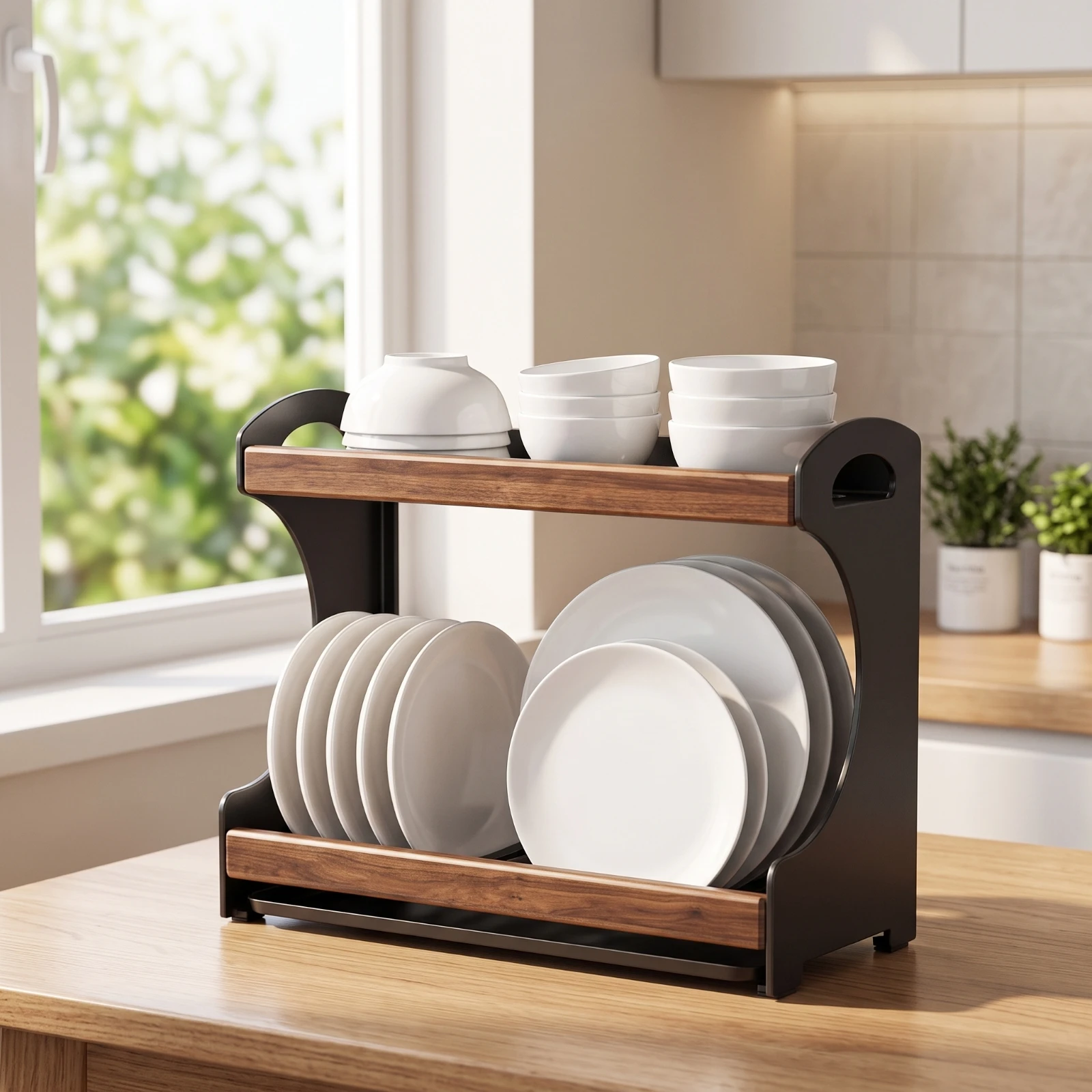 Countertop Rack Two Tier Dish Drainer Dish Drying Rack with Drain Tray Kitchen Organizer for Limited Sink Space - view 6