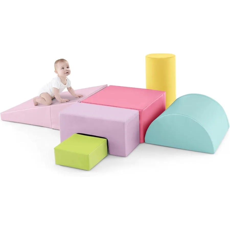 

Light Pink Indoor Foam Climbing Blocks for Toddlers 1-3 Years Old 6-Piece Climb and Crawl Playset with PU Cover Perfect for Bab