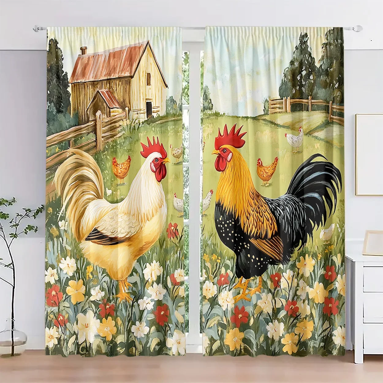 

Farm flowers with rooster pattern Print Drapes Room Darkening Window Curtains Home Decor,Rod Pocket Blackout Curtains Bedroom