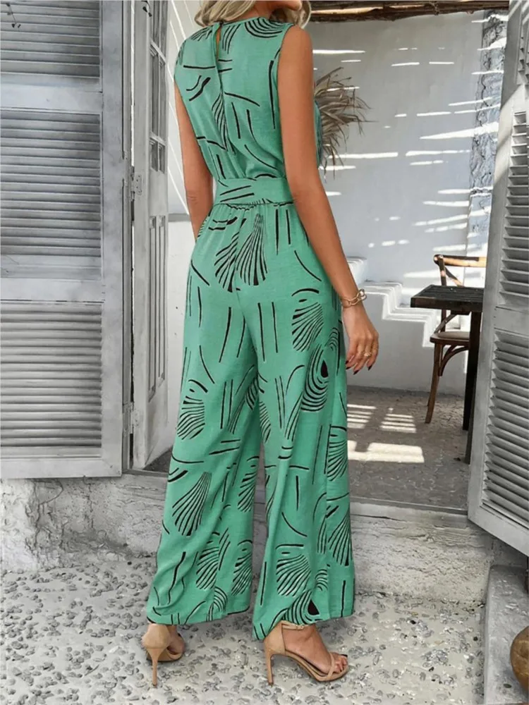 Jumpsuit Wanita Musim Panas Tanpa Lengan Berpinggang Tinggi dengan Tali Serut dan Renda, Kasual Longgar dengan Saku, Celana Lebar Model Romper Wanita 2025