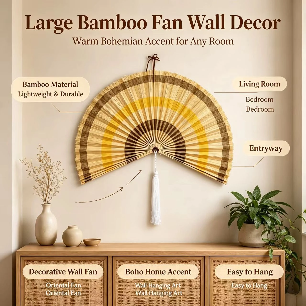 Large Hand‑woven Bamboo Wall Hanging Fan with Tassel, Boho Wall Art Ornament for Living Room Bedroom Home Wall Decoration