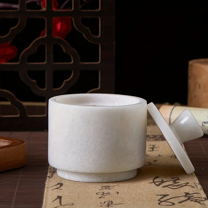 

Cross Border Natural Marble Salt Spice Jar Round with Lid Kitchen Seasoning Container for Cumin Pepper
