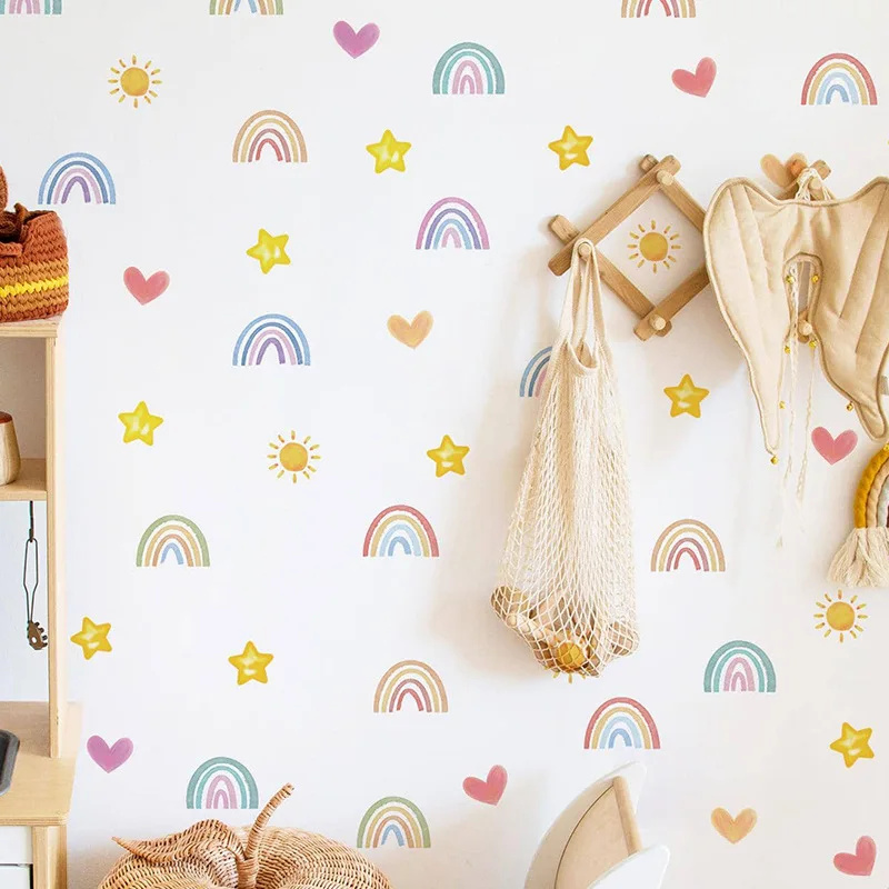 Cartoon Rainbow Wall Stickers Small Rainbow Wall Decal Watercolor Rainbow Heart Sun Star Wall Stickers for Girls Boys Baby Room