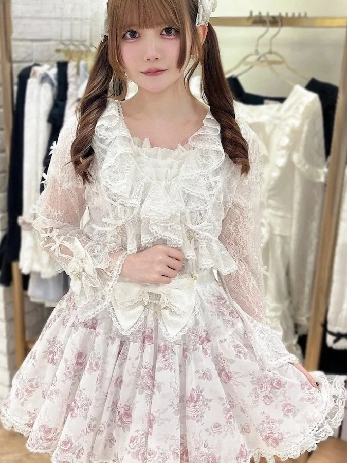 

Sweet Japanese Ruffle Lace Short Top Chiffon Slimming Short-sleeved Dresses Cardigan Rose Ribbon Bow Kawaii Girls Dress