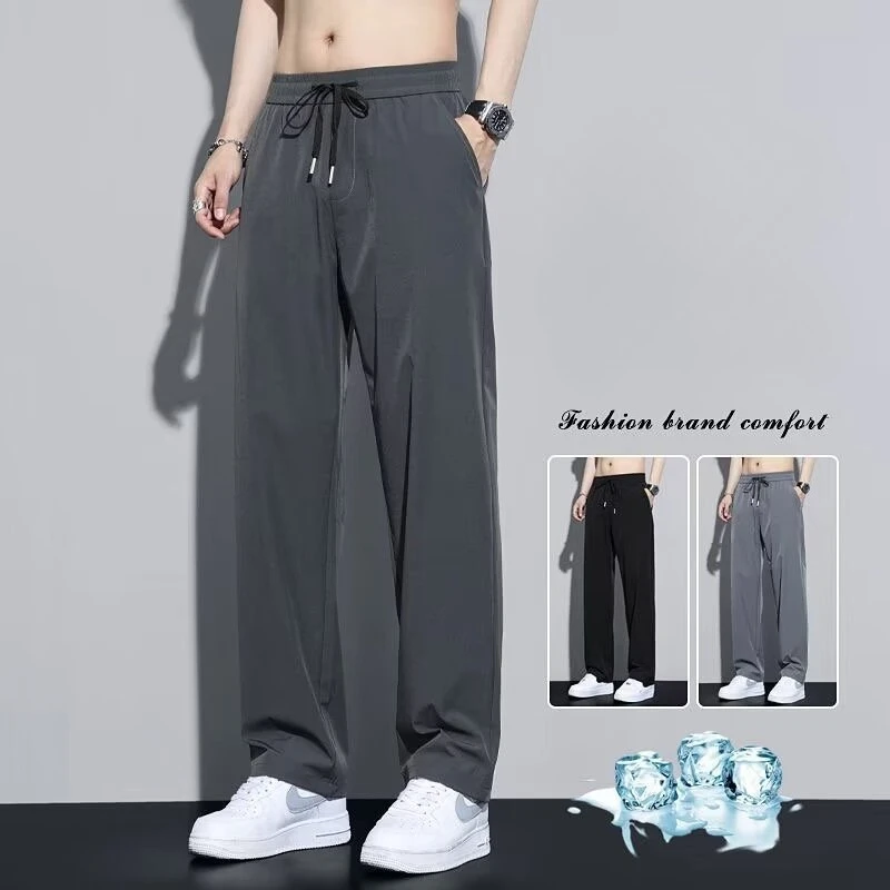 2026 Summer New Straight Pants Men's Ice Silk Thin Loose Drape Breathable Quick Drying Casual Sports Trousers