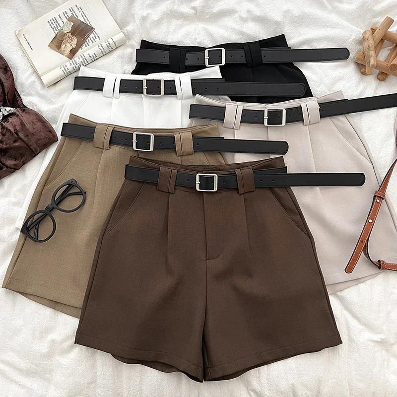 

ITOOLIN 2024 Women Casual Office Shorts With Belted Vintage High Waist A-line Suit Shorts Summer Chic Women Straight Trousers