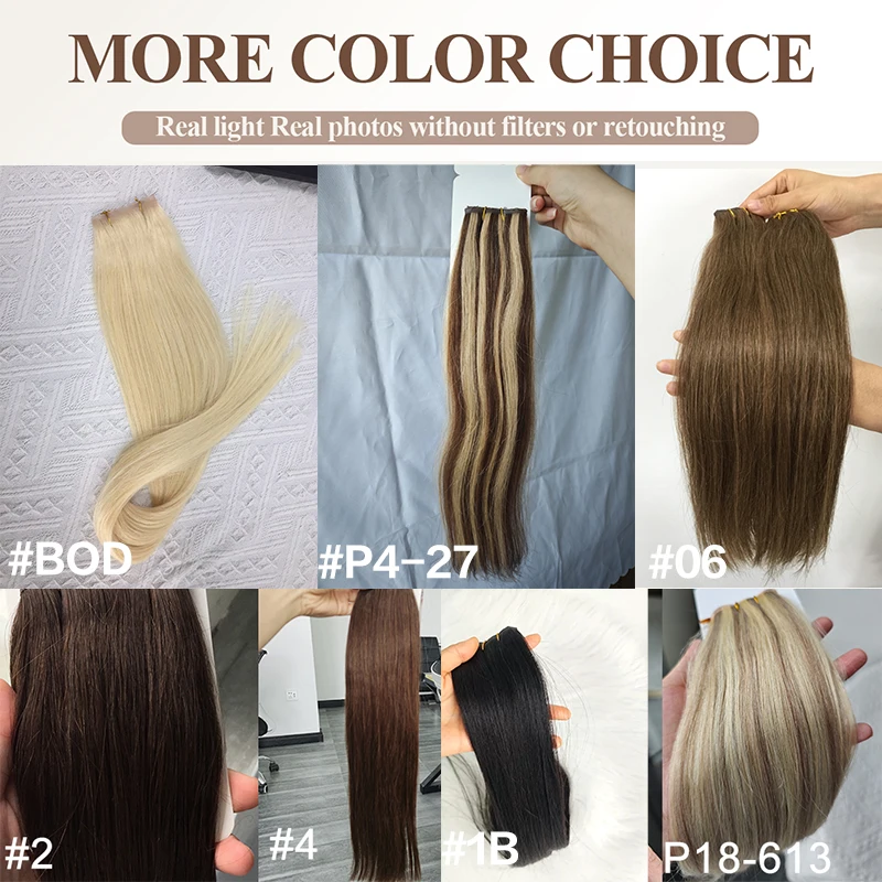 Extensiones de cabello con weft de mariposa, cabello humano invisible PU plano con agujeros y pestañas dobles, 12-24 pulgadas, aplicación con microanillos, 40-50g 5