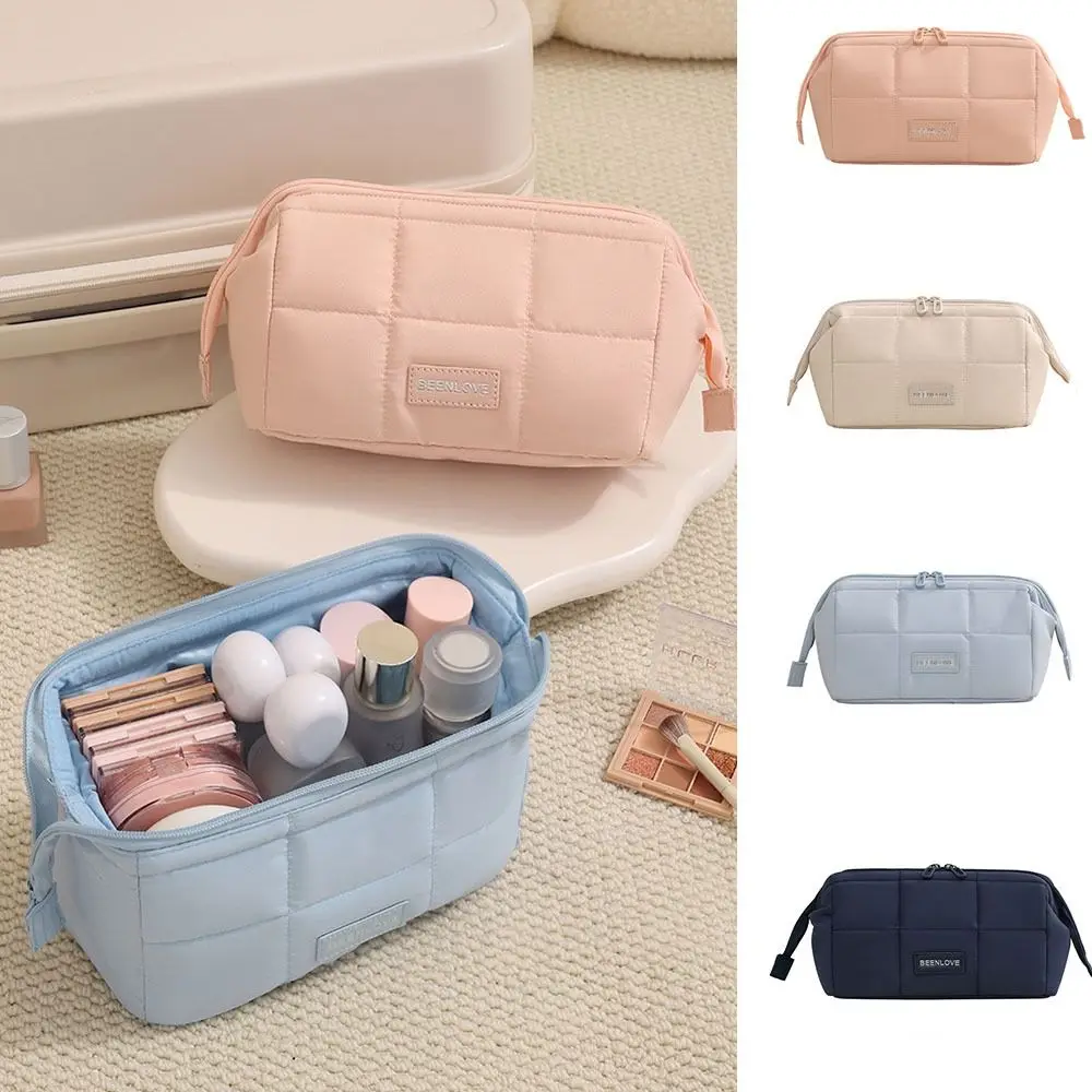 Wide-open Women Cosmetic Bag Handheld Large Capacity Makeup Organizer Multifunction Puffy Padded Toiletry Storage Bag Outdoor