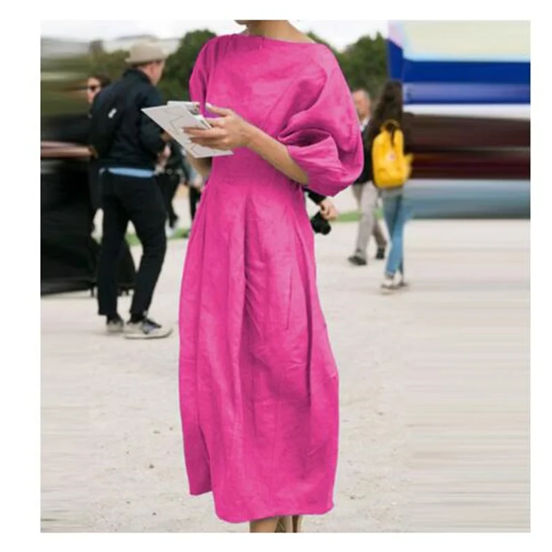 2022 Vintage Cotton Linen Pleated Dress Elegant Women Lantern Sleeve Party Dress Ladies Solid O Neck Maxi Long Dress Vestido