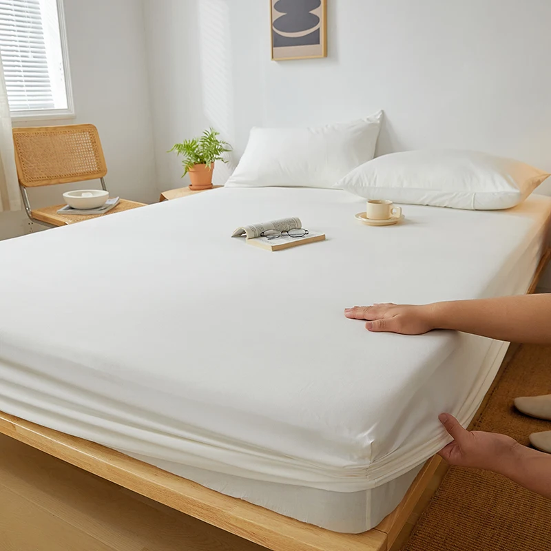 Washed Cotton Bed Fitted Sheet with Elastic Bands Non-slip Adjustable Mattress Covers for Double King Queen Bed 140/160/200cm