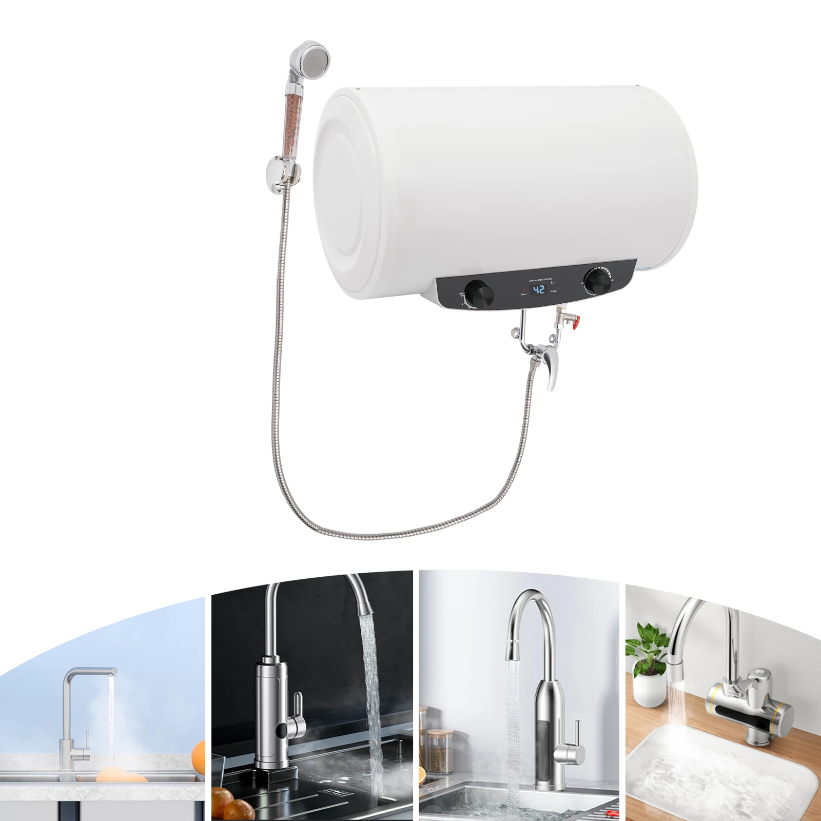 سخان مياه بخزان كهربائي، 1500 وات 110 فولت، مجموعة سخانات مياه بيضاء ذات سعة كبيرة مثبتة على الحائط، مع دش يدوي وصنبور، G1/2 #4
