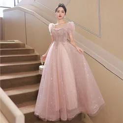 Vestido de noite francês para mulheres, gaze fina, tamanho grande, digno e atmosférico, adequado para banquete, vestido de noiva para adulto, rosa, novo, 2024