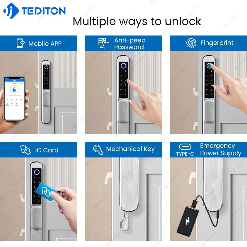 Tediton Fechadura Inteligente TTlock Aluminum Gate Digital Electronic Waterproof Fingerprint Smart Door Lock