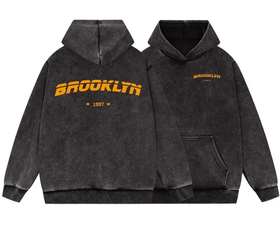 

Brooklyn 1997 Original Print Man Vintage Washed Cotton Sweatshirt Casual Comfortable Hoody Hooded Simple Autumn Warm