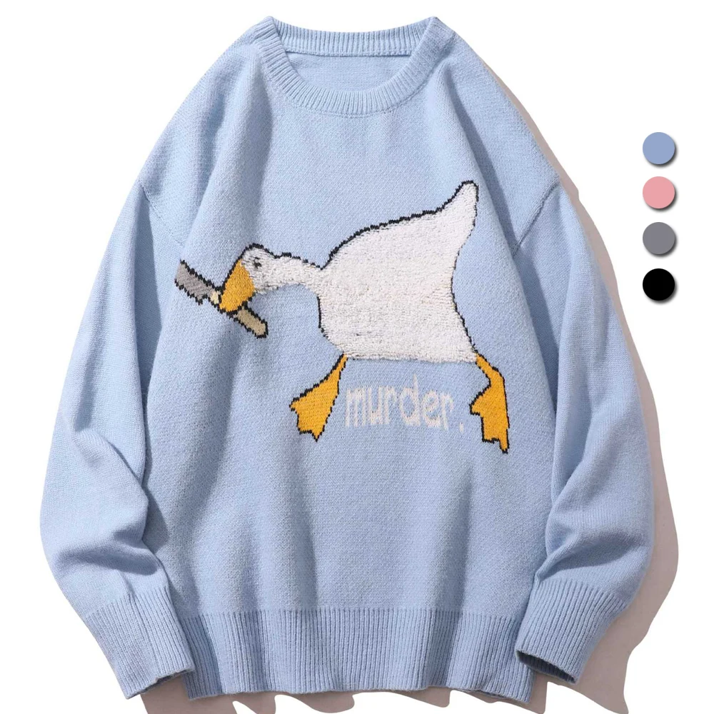 Cartoon Print Sweater Men Harajuku Goose Knitted Pullover Casual O-neck Duck Top Hip Hop Streetwear Loose Jumper Couple Knitwear