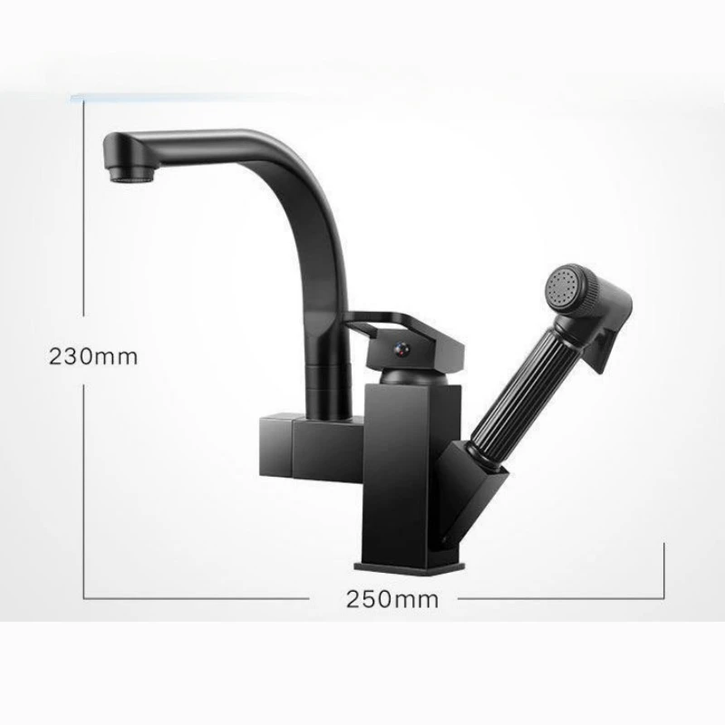 Kitchen Pull-out Multi-Function Faucet Rotatable Hot and Cold Pressurized Black Square Robot Faucet