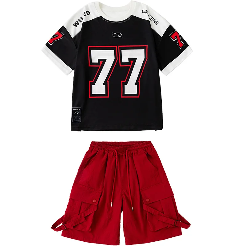 Kind Kpop Hip Hop Kleidung Schwarz T Shirt Top Rot Sommer Straße Cargo-Shorts Mittlere Hosen für Mädchen Junge Jazz Dance Kostüme Kleidung
