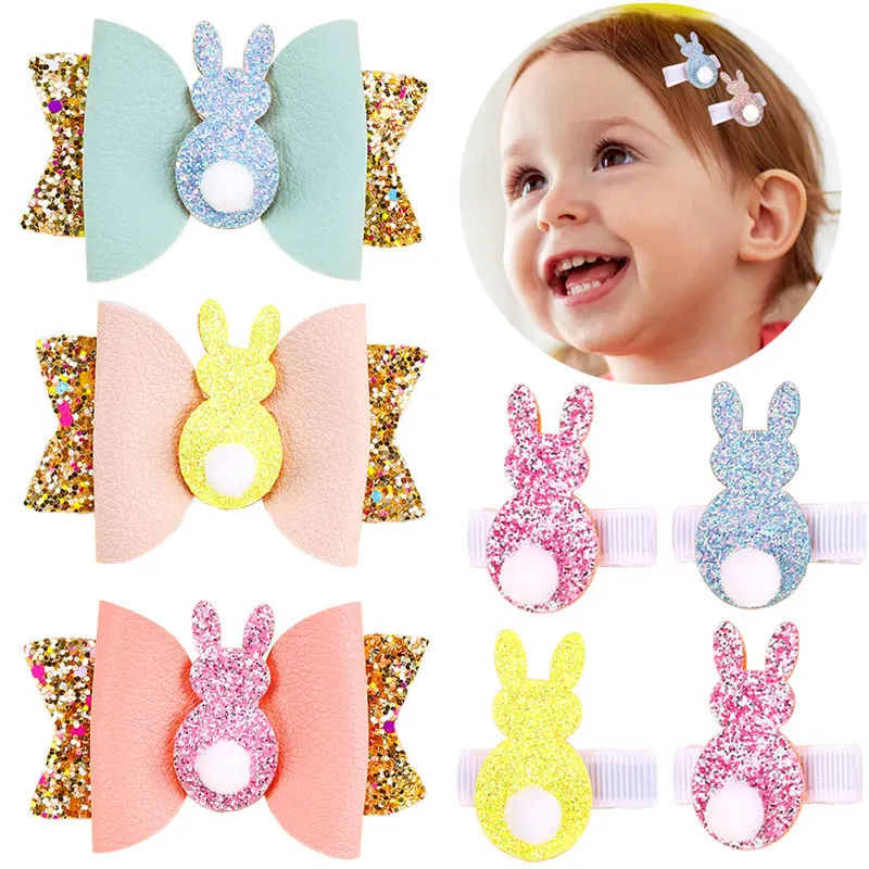 6Pcs Glitter Leather Hairpins For Girls Cute Rabbit Fur Ball Hair Bows Clips Kids Hair Styling Tools Kids Headwear Accessories