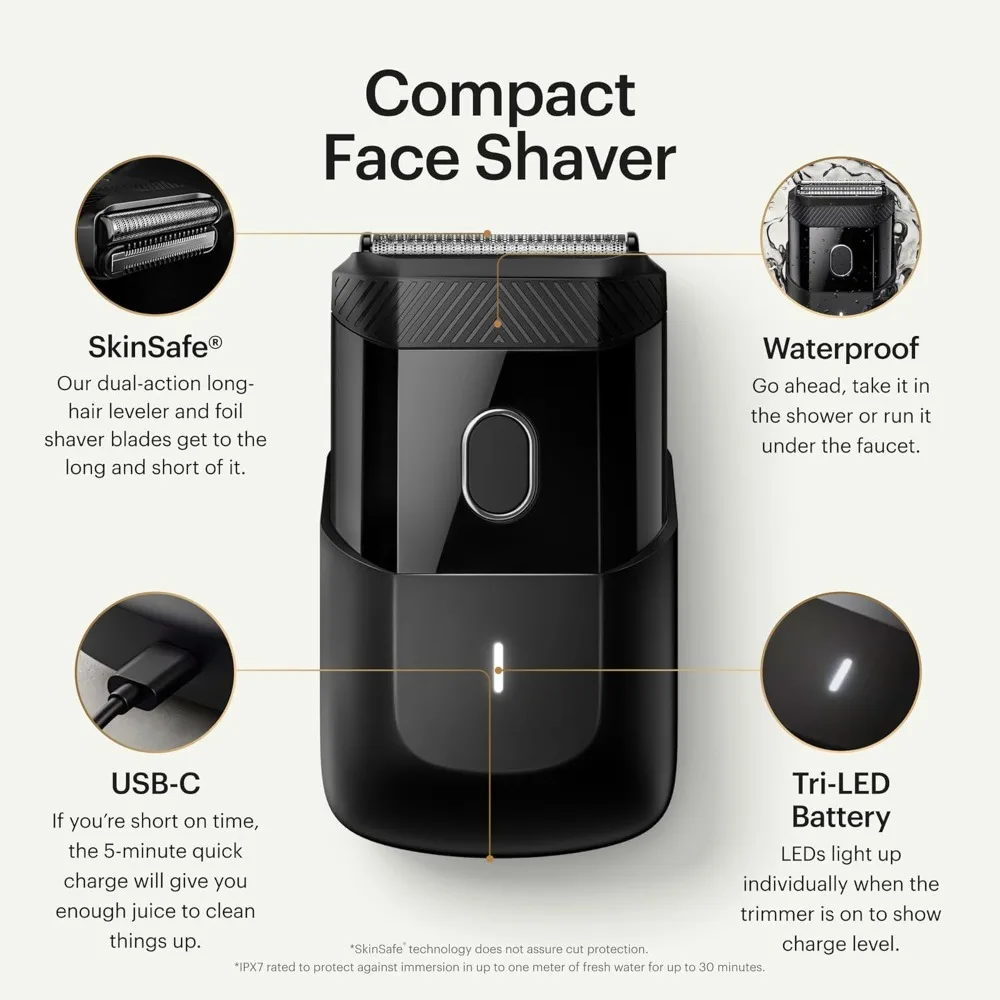 Compact Shaver Portable Men's travel facial hair beauty container, USB-C rechargeable shaver, Facial electric shaver, waterproof