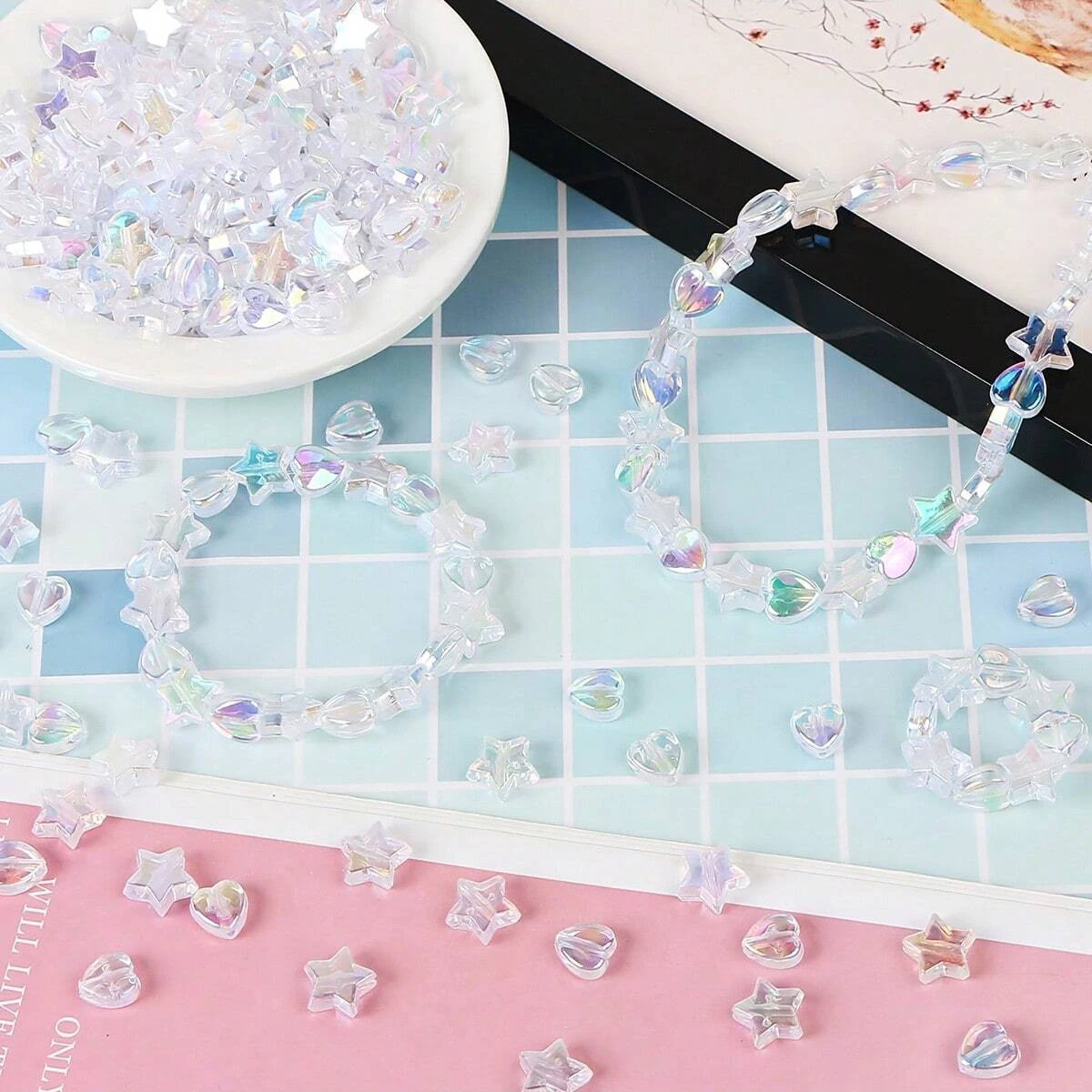 405/205 قطعة AB اللون الأبيض 10 مللي متر الخماسي 9 مللي متر الخوخ القلب نمط مختلط ، يمكن استخدامها كأساور زوجين ، أساور مجوهرات ذاتية الصنع