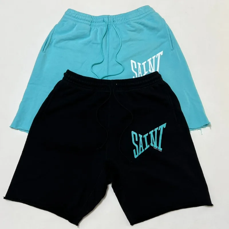 

Blue Saint Michael Drawstring Shorts Men Women 1:1 Best Quality SAINT Logo Oversized Black Shorts