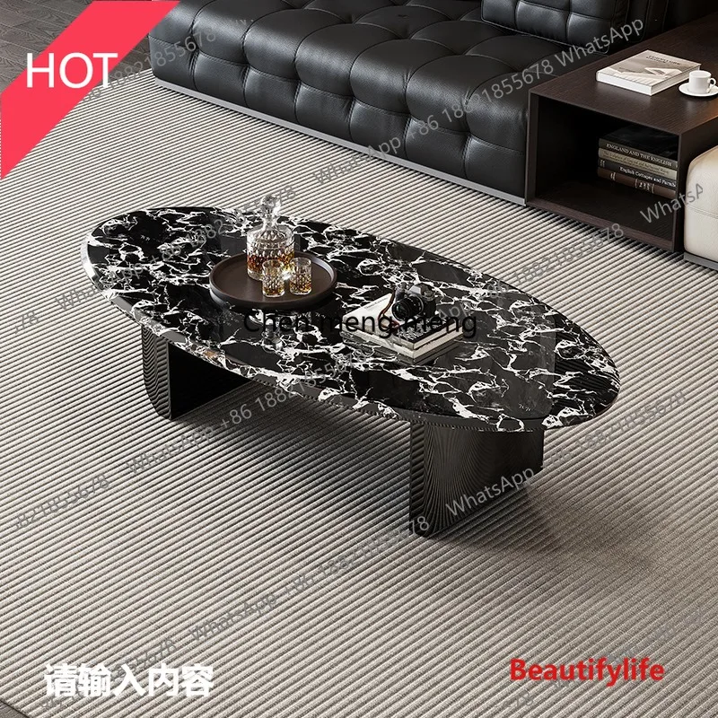 

M53 Italian minimalist marble coffee table oval living room stainless steel small light luxury edge table combination