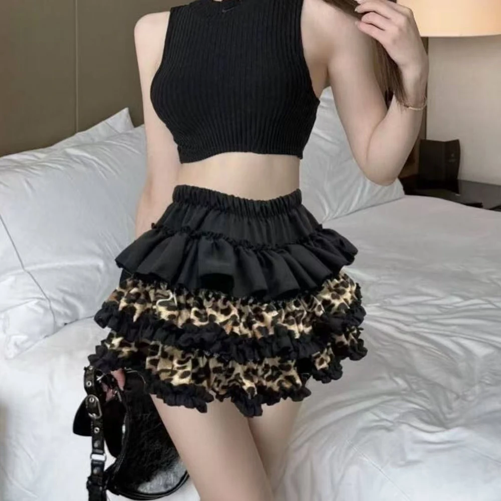 Retro Leopard Print Patch Cake Short Skirt, High Waist Slimming, Summer New Design, Sexy Style, Polyester Fabric Half Body Group