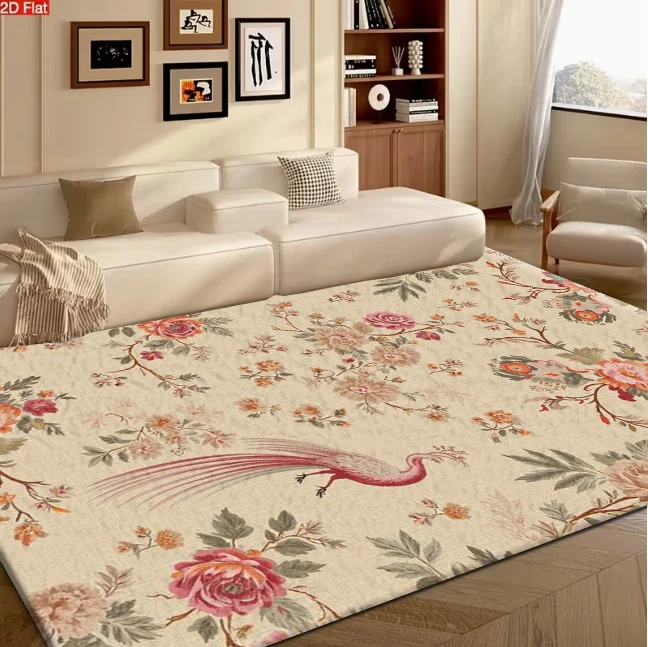 Retro Bird Peony Floral Carpet Flooring Artistic Area Rug for Home Living Room Bedroom Interior Ornament