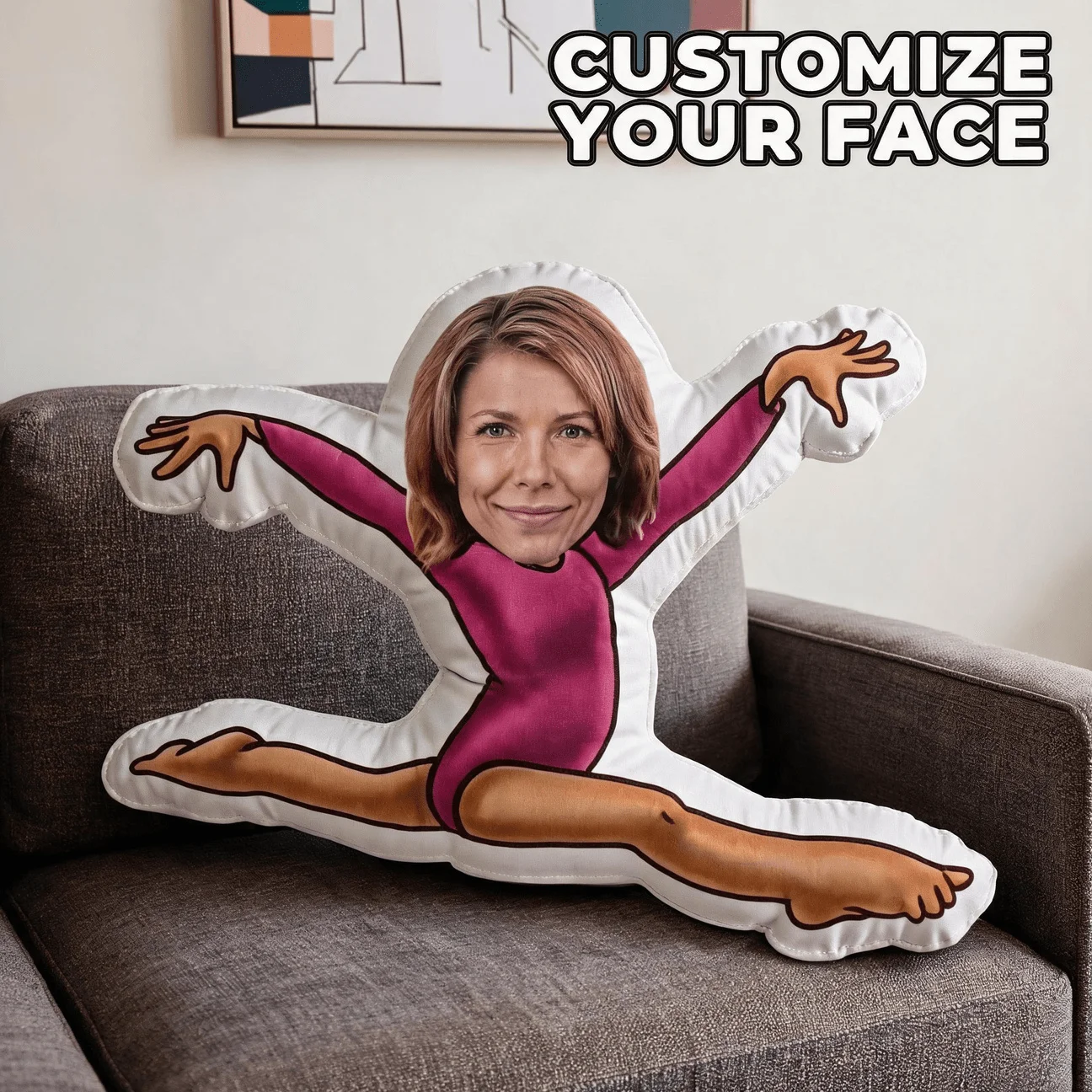 Custom Photo Shaped Pillow, Funny Face on Gymnast Body Decorative Cushion, Personalized Picture Accent Christmas Housewarming