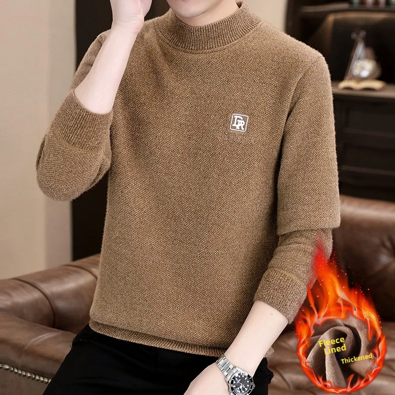 

Мужской вязаный свитер с флисовой подкладкой, повседневный утепленный зимний топ, мягкий пуловер из полиэфирного волокна с круглым вырезом