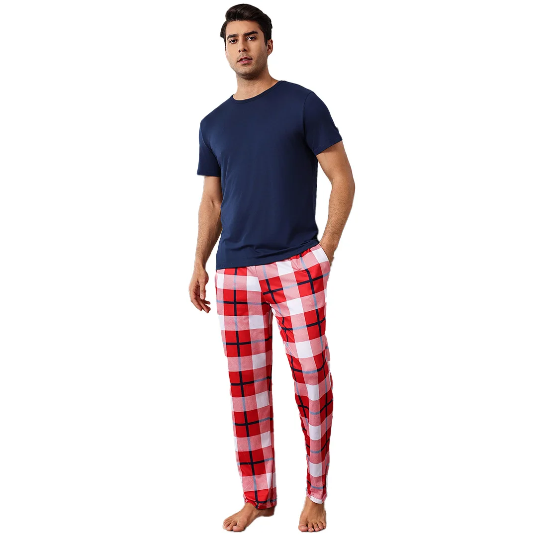 

Men's Spring and Autumn New Men's Pajamas Short Sleeve Pants Suit with Printed Plaid Loose Can Be Worn Outside for Home Wear