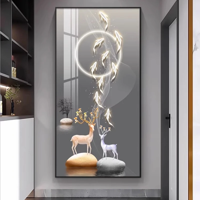 Entryway Decorative Painting Nine Fish Chart for Attracting Wealth Fortune Deer Vertical Mural Room Decoration Wall Painting