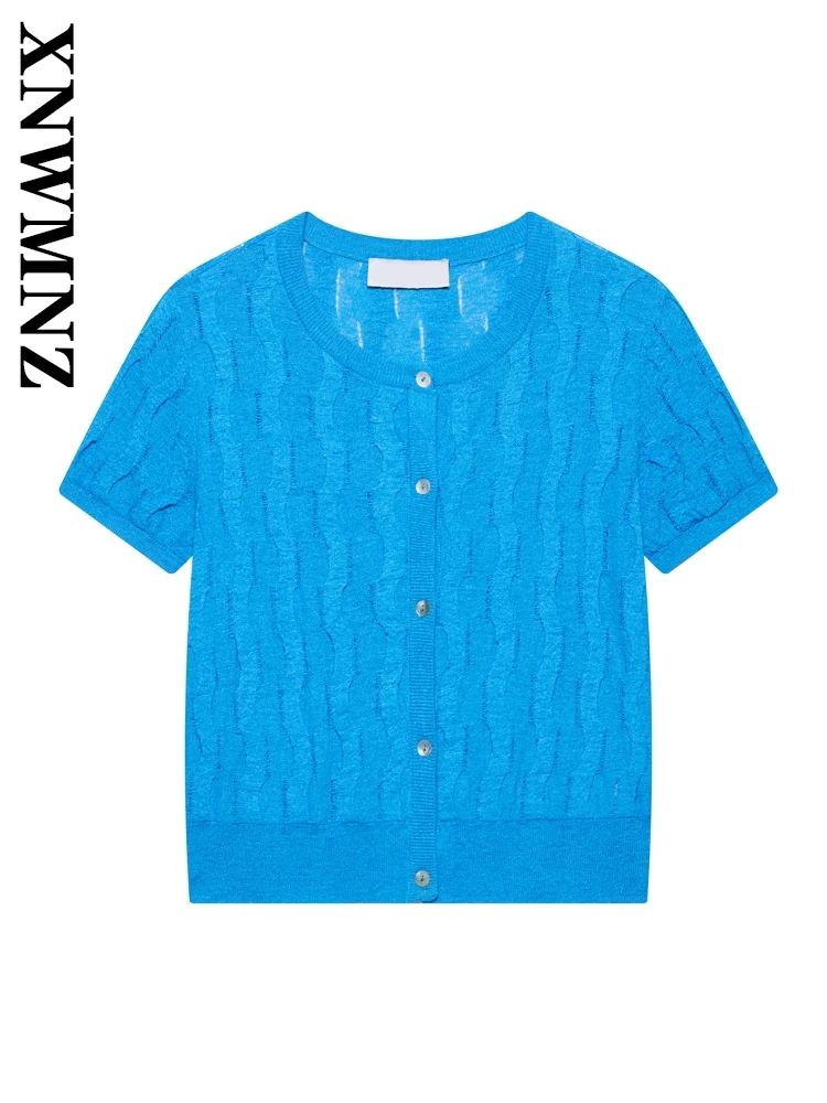 

XNWMNZ 2025 Summer Female Casual Simple Short Sleeve V-Collar Knitted mini Fashion Vintage Lady Blue Single-breasted Cardigan
