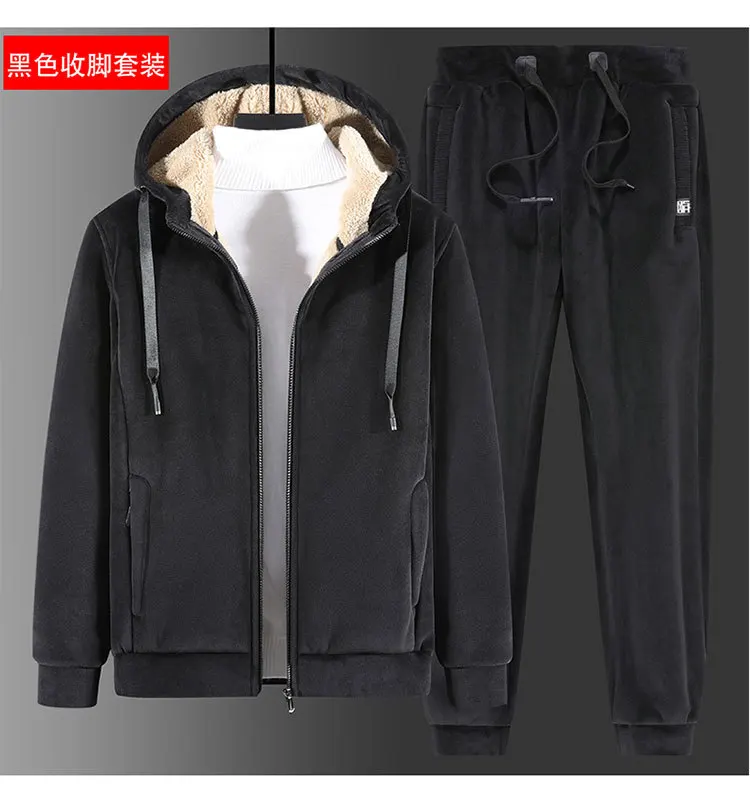 Herren Samt-Sherpa-gefütterter Trainingsanzug, Kapuzenjacke mit Reißverschluss, Jogginghose mit Kordelzug, Winter, dick, warm, Fleece, zweiteiliges Freizeitoutfit – Detail 12