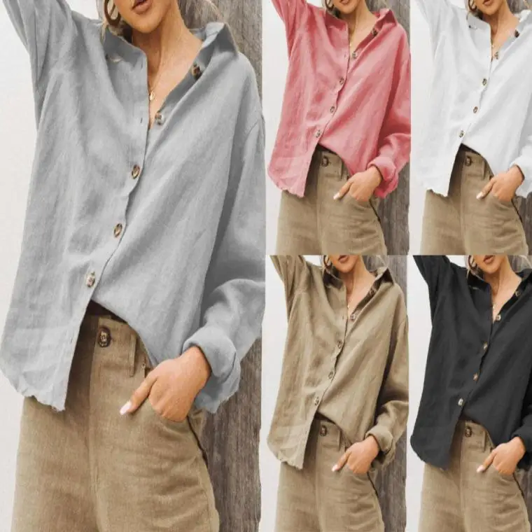 

Women's Long Sleeve Cotton Linen Shirt Collar Field Style Durable Spliced Pure Color Ladies Premium Fashion Winter Collection