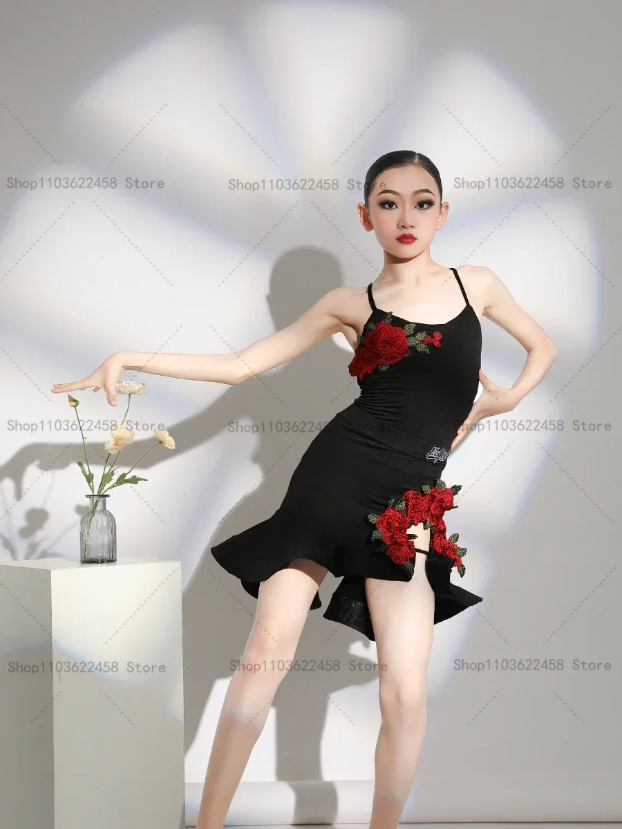 Latin Dance Wear Jurk Meisjes Wedstrijd Meisje Kind Ruche Balzaal Salsa Tango Cha Performance Praktijk Top Rok