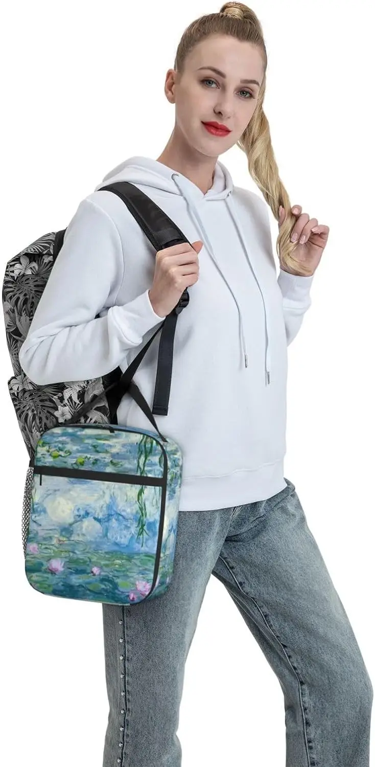 Water Lilies Floral Printed Lunch Bag With Side Pocket Lunch Box Insulated Soft Bag Thermal Meal Tote For Work Picnic image 6
