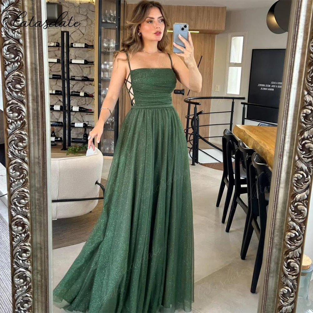 

Catasdate Shiny Evening Dress Spaghetti Straps Prom Dress Lace Up Wedding Party Dress for Women vestido de fiesta Customized