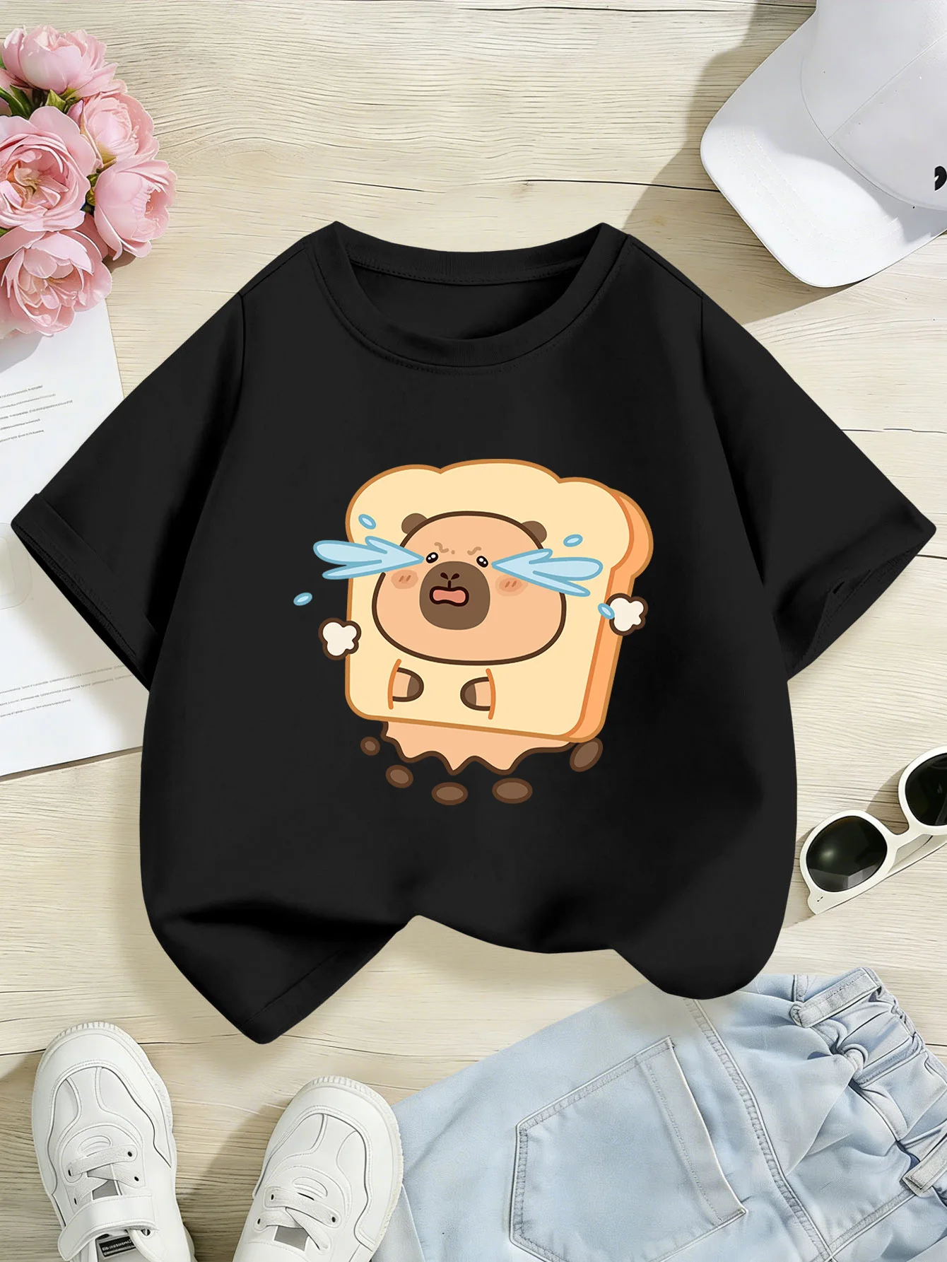 Kawaii Tears Capybara Toast Bread Cartoon Print Kids T Shirt Boys Girls Family Matching Parent Child Summer Crew Neck Casual Tee