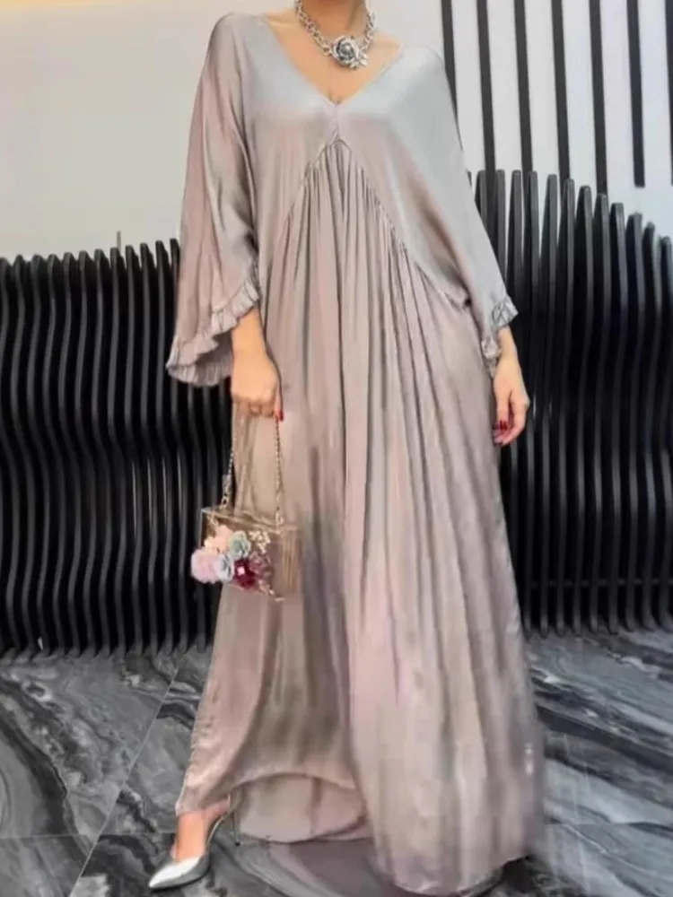 

Elegant Loose Solid Dress For Women Fashion Long Sleeve Ruffles V Neck Pullover Dresses Robe Femme Casual Office Holiday Clothes