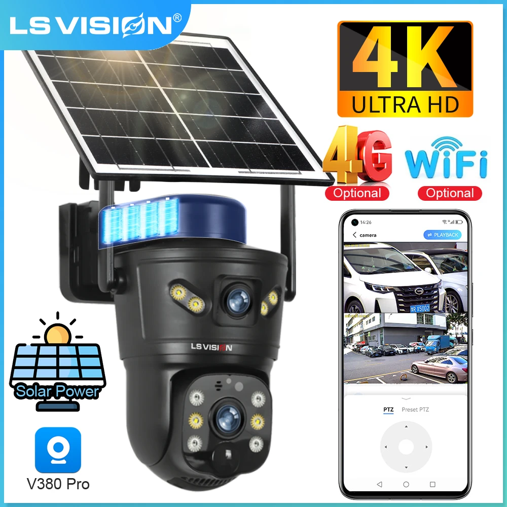 

LS VISION V380 Pro 4G Solar Camera WIFI Wireless Dual Screens 4K 8MP PTZ Auto Tracking CCTV Solar Outdoor Surveillance Camera
