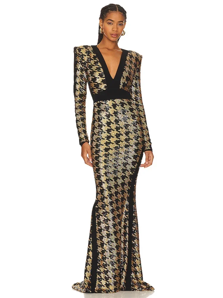 Sexy V Neck Bird Lattice Sequins Maxi Dress Women Black Gold Sequin Long Sleeves Bocycon Long Dress Runway Evening Party Gown