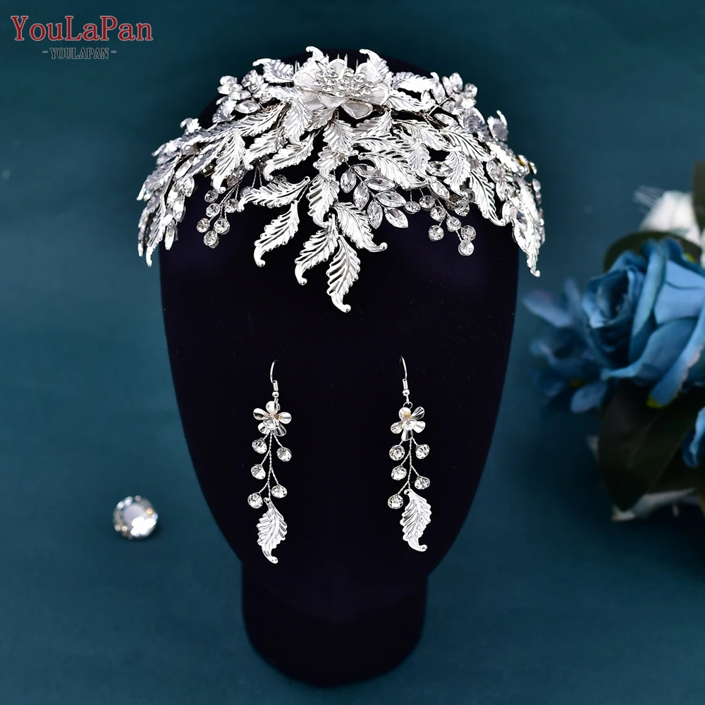 YouLaPan HP512 Wedding Crown Bridal Tiara with Comb Alloy Leaf Women Wedding Hair Accessories Jewelry Bride Headdress Earring