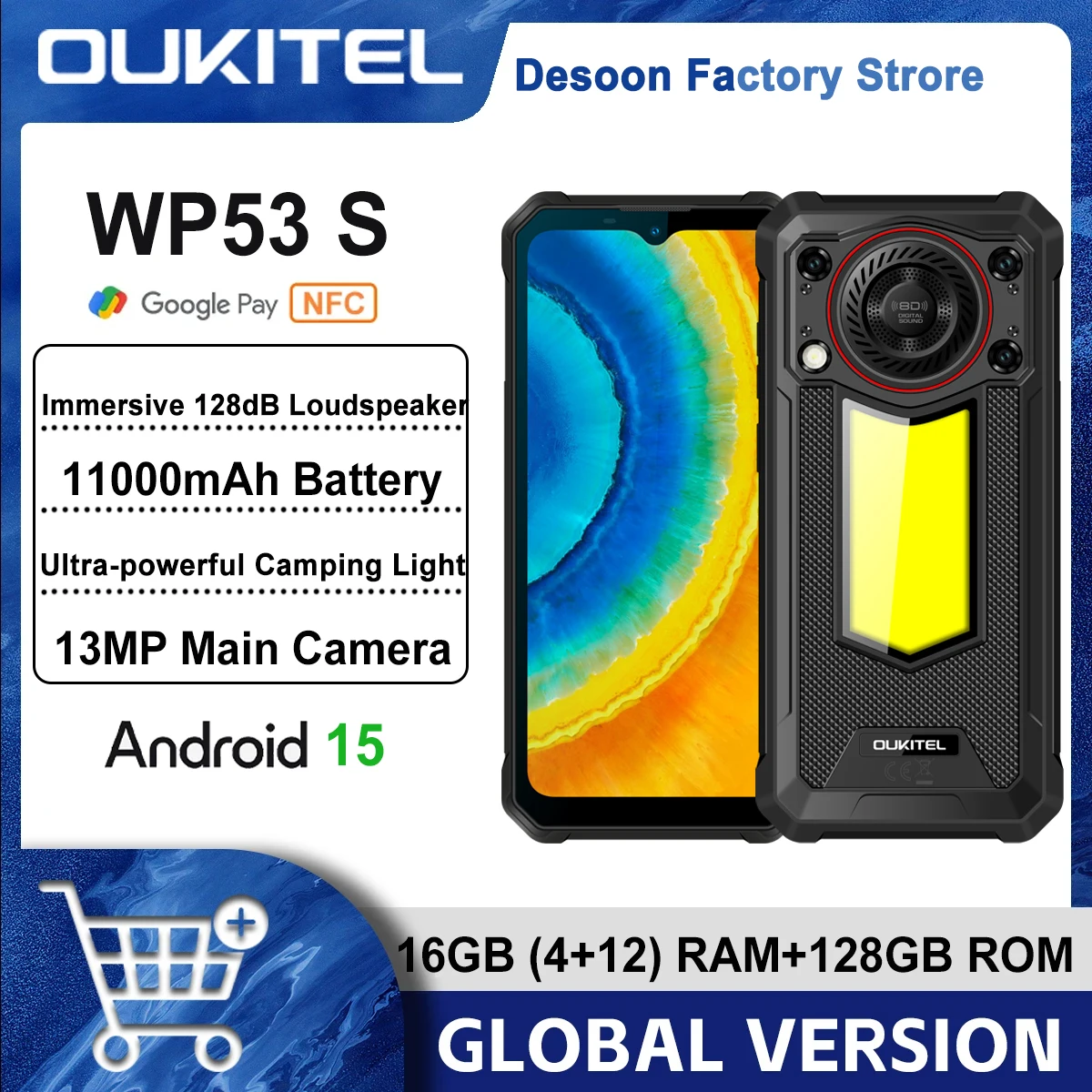 Прочный телефон Oukitel WP53 S, погружной динамик 128 дБ, 11000 мАч, 18 Вт, зарядное устройство 16 (4 + 12), ГБ, 128 ГБ, сверхмощный светильник для кемпинга, телефон