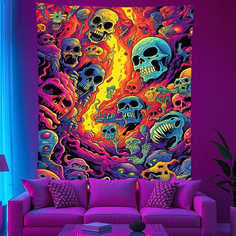 VIKAMA Blacklight Trippy Skull Eye Tapestry UV Reactive Neon Wall Hanging Psychedelic Room Decor Home Wall Decoration