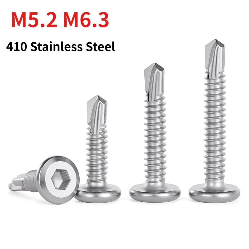 M5.2 M6.3 410 Stainless Steel Low Profile Head Hexagon Socket Self Drilling Screw, Thin Head Hex Socket Drill Tail Fastener